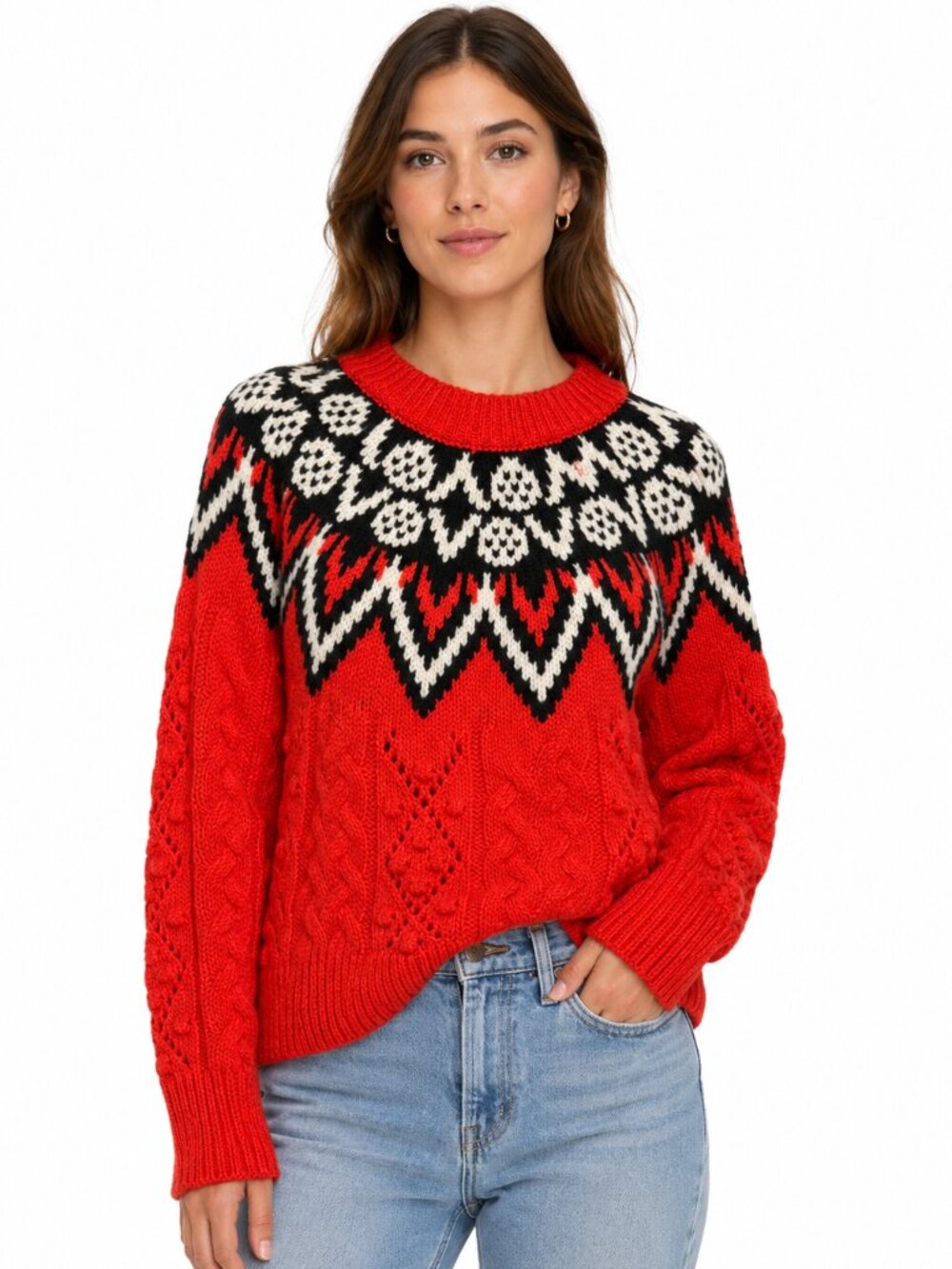 Lucky Brand Red Fair Isle Cable Knit Sweater XS